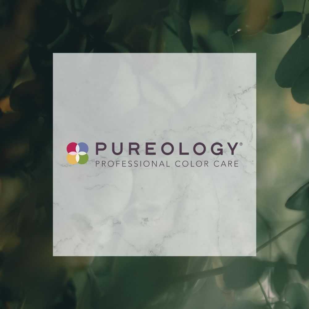 Pureology logo with the text "Professional Color Care" on a cloudy green and white background.