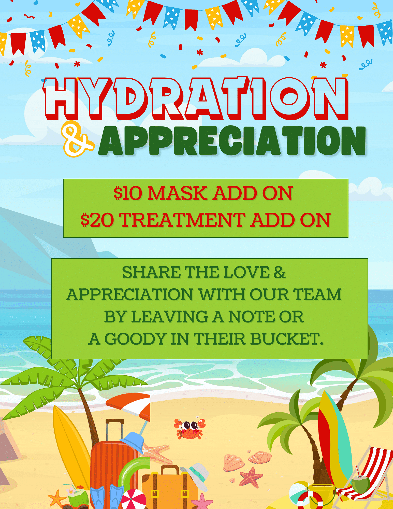 Beach scene with text: Hydration & Appreciation. Encourages notes or goodies for the team.