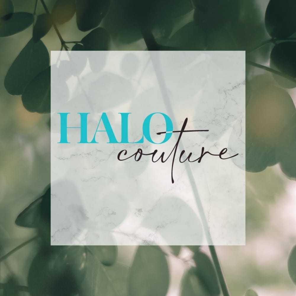 Halo Couture logo with elegant script on a leafy background