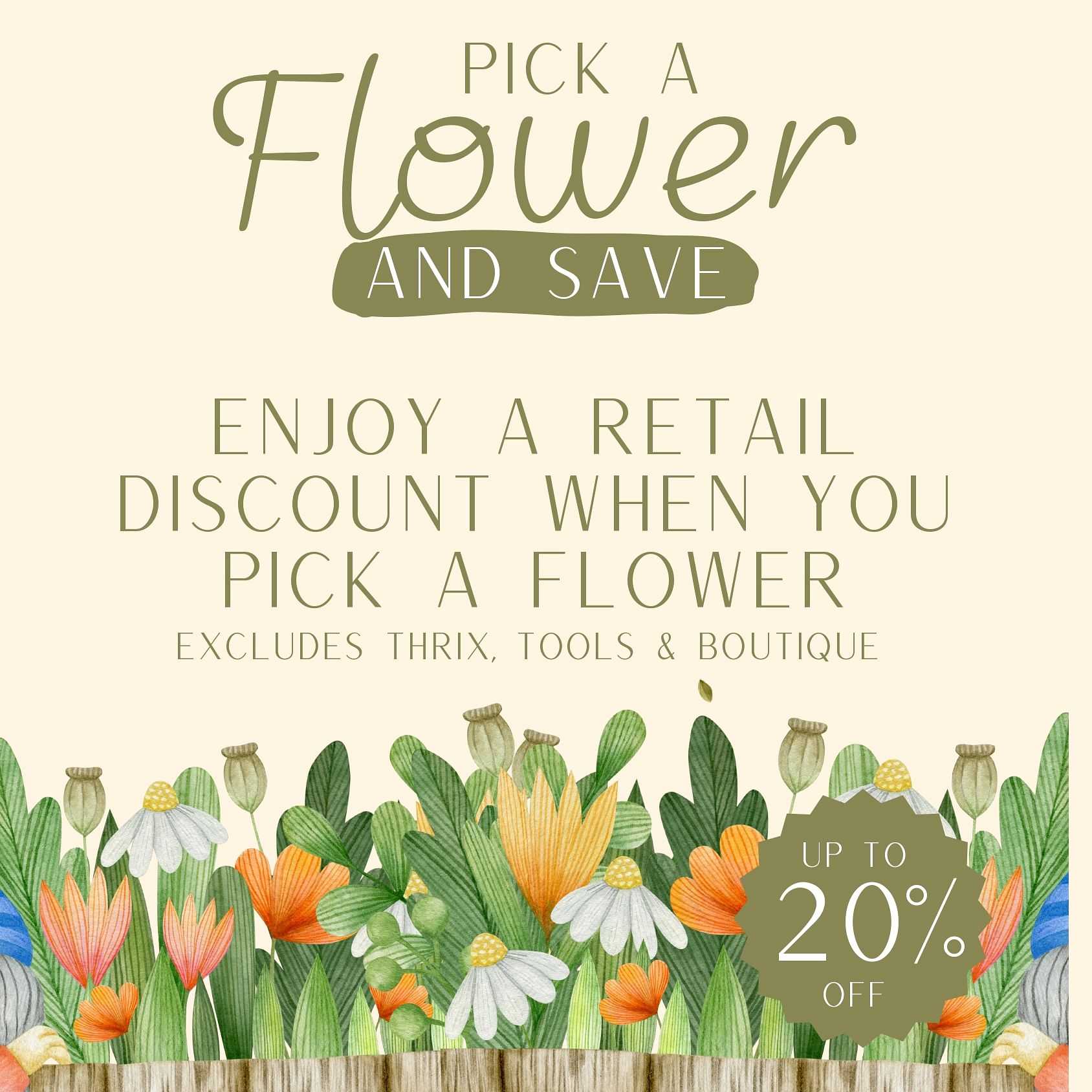 Floral sale poster with up to 20% retail discount offer.